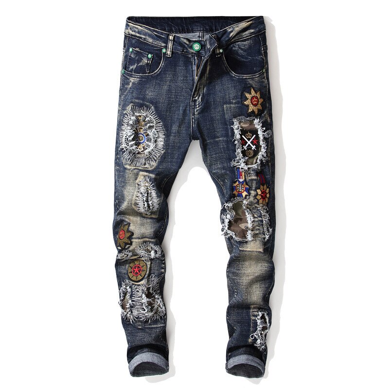 Gat Verontruste Men Denim Jeans Volledige Lengte Bloemen Patchwork Stretch Mannelijke Gewassen Cowboy Borduurwerk Geplooide Patches