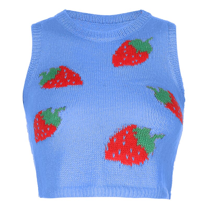 Gilet Tricot Fraise - Style Y2k Sans Manches - Top Court Col Rond: Bleu / L