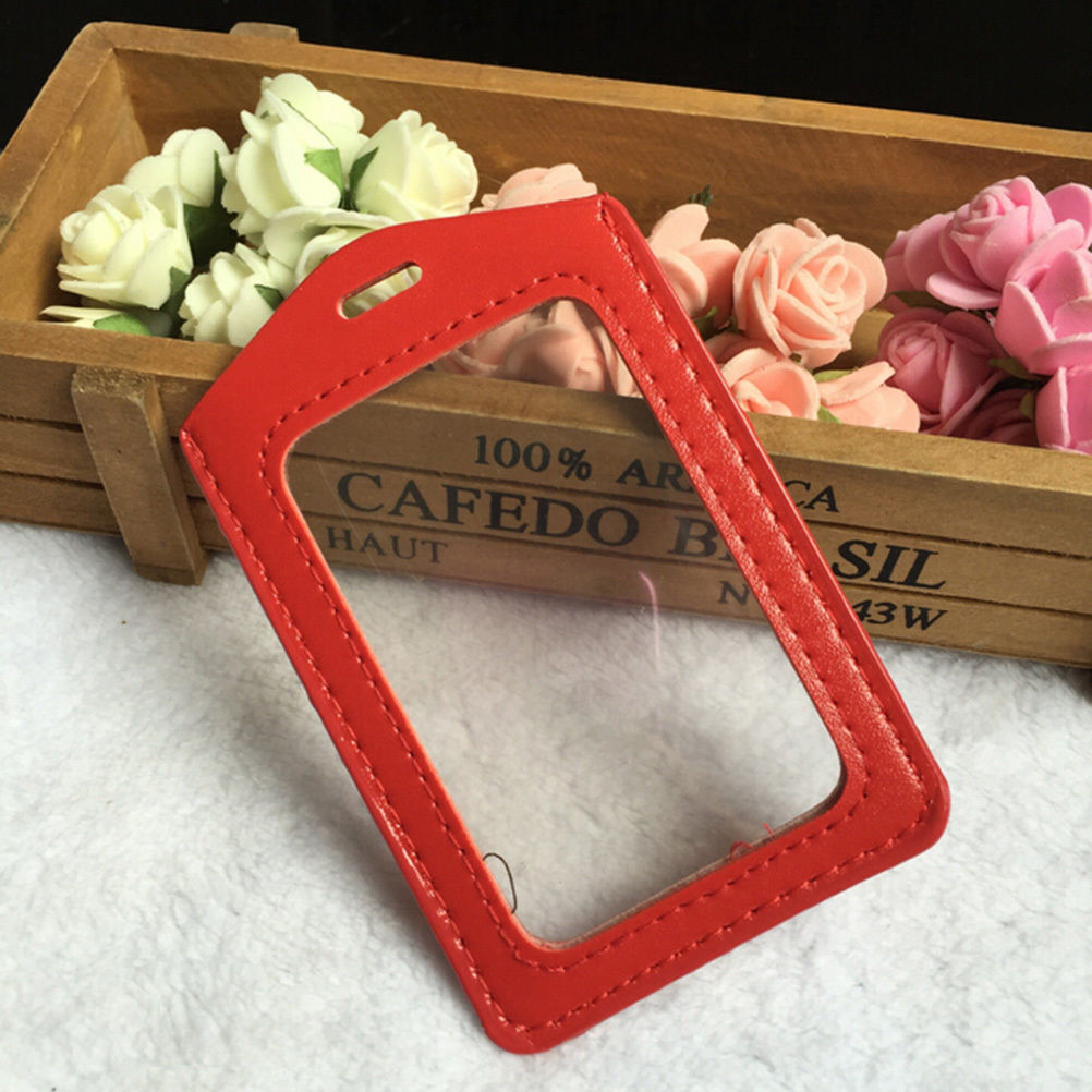 ID PU Leather Card Holders Horizontal Vertical Style Badge Case Clear with Color Border and Lanyard Holes School Stationery: Red