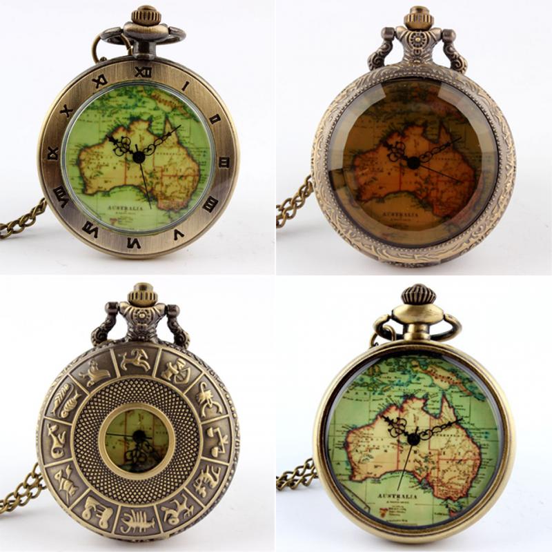 Womens Mens Quartz Pocket Watch 1pcs Vintage Watch Necklace Retro Australia Map Watch Pendant Clock On Chain