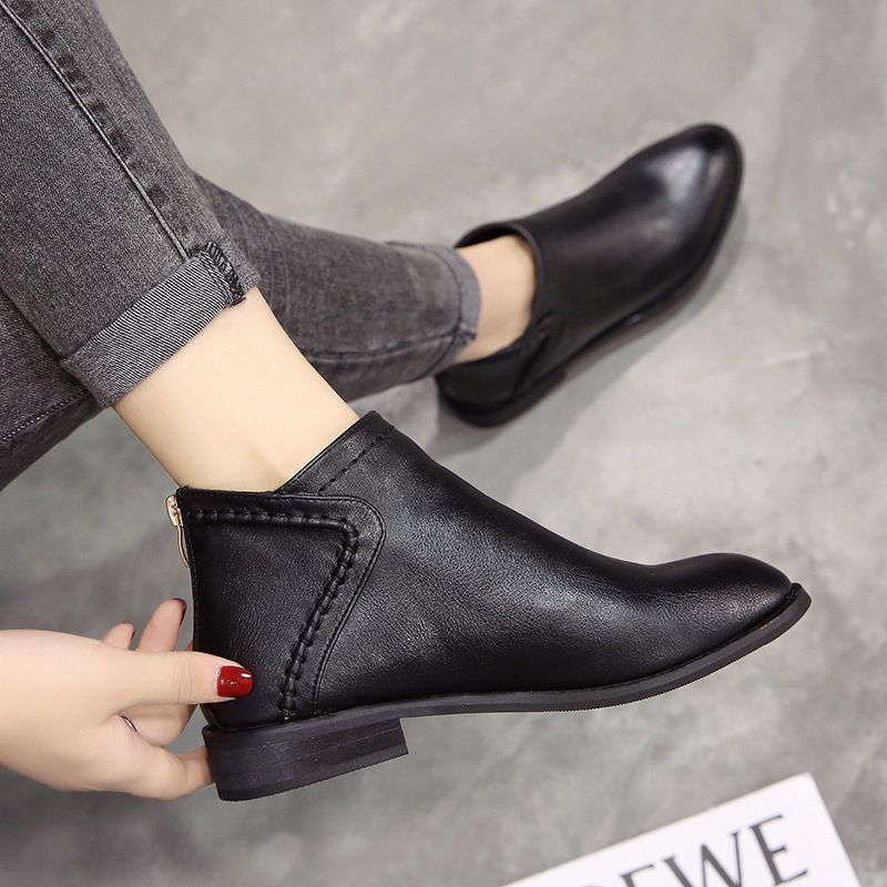 Bottes en cuir PU pour femmes, chaussures quotidiennes à talon carré, fermeture éclair, respirantes, confortables, à bout pointu, rétro, automne: Black / 35