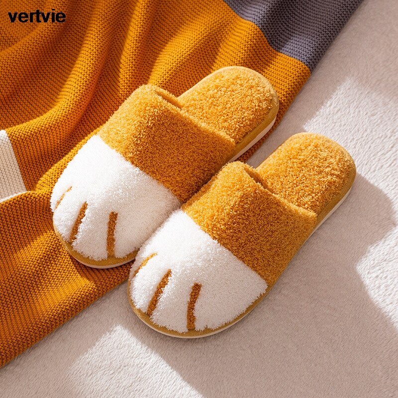 Vertvie Winter Slippers Vrouwen Mannen Paar Schoenen Leuke Kat Poot Thuis Indoor Harige Slippers Unisex Warm Pluche Slippers Zachte Schoenen: yellow / 38-39