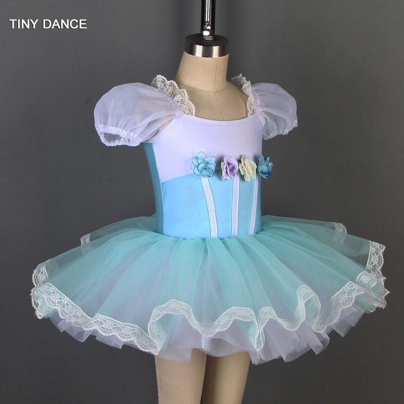 Puff Sleeve Ballet Dance Tutu Sky Blue Ballerina Dance Costume Leotard Dress Performance Costumes for Girls Dance Wear 19801