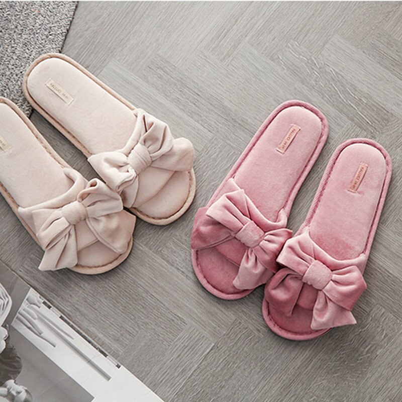 Pantufas femininas soladas e antiderrapantes, sapatos de mulher com laço e sola macia, para quarto e primavera chinelos