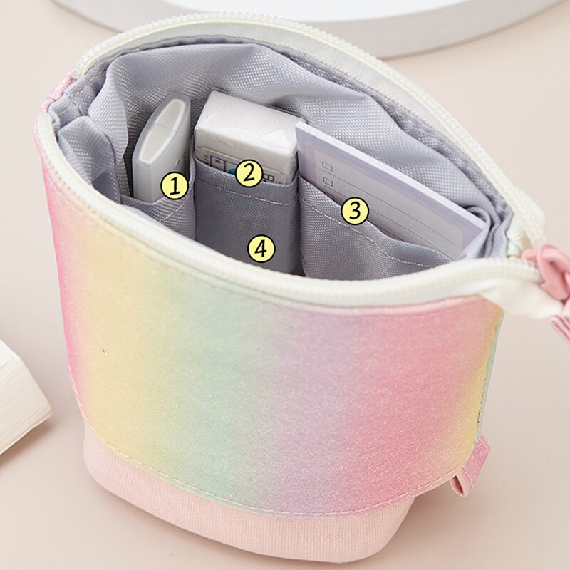 Retractable Pencil Case Sequins Rainbow Large Capacity Multi Pockets School Stationery Bag Pen Case Canvas Pen Holder