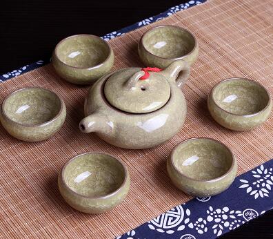 Chinese Kungfu Tea Sets Ice break Porcelain Tea Pot Tea Cups (7pcs) Tea Service Set: Gray Yellow