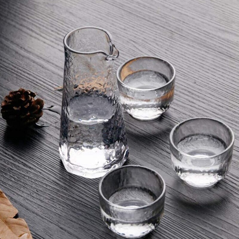 4 Stuks Van Transparante Japanse Sake Jug, Een Kruik Drie Glazen Glas Drank Glas Set Met Hamer Patroon