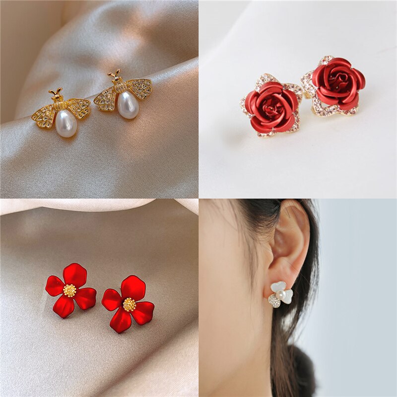 Leuke Bloem Bee Asymmetrische Oorbellen Zirkoon Oorbellen Sieraden Punk Lmitation Pearl Stud Oorbellen Voor Vrouwen Meisjes