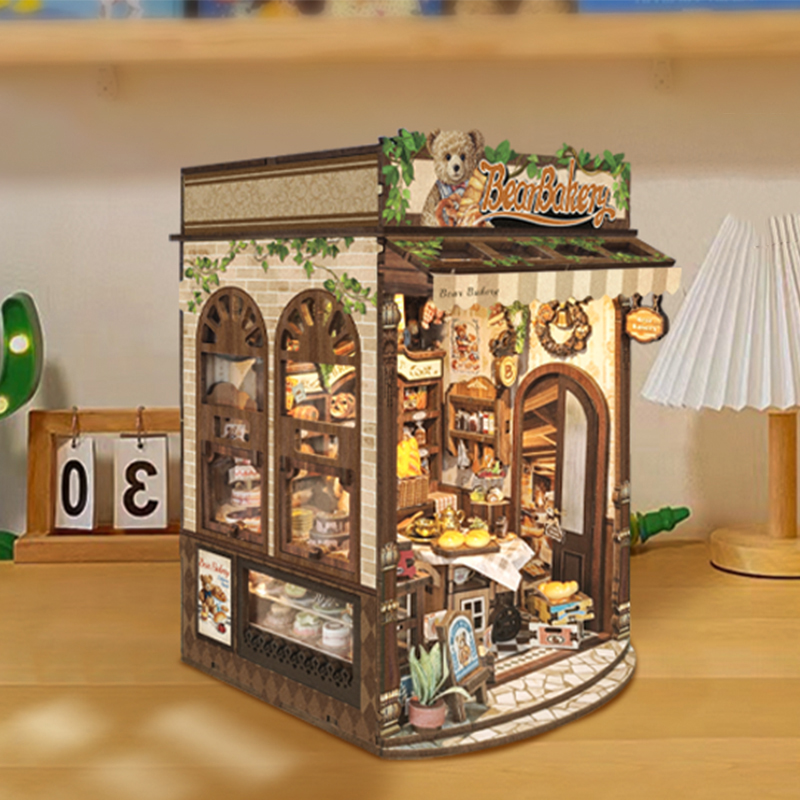 DIY Houten Beer Bakkerij Cottage Miniatuur Bouwpakketten Poppenhuizen Met Meubelverlichting Casa voor Vrienden Verjaardagscadeaus
