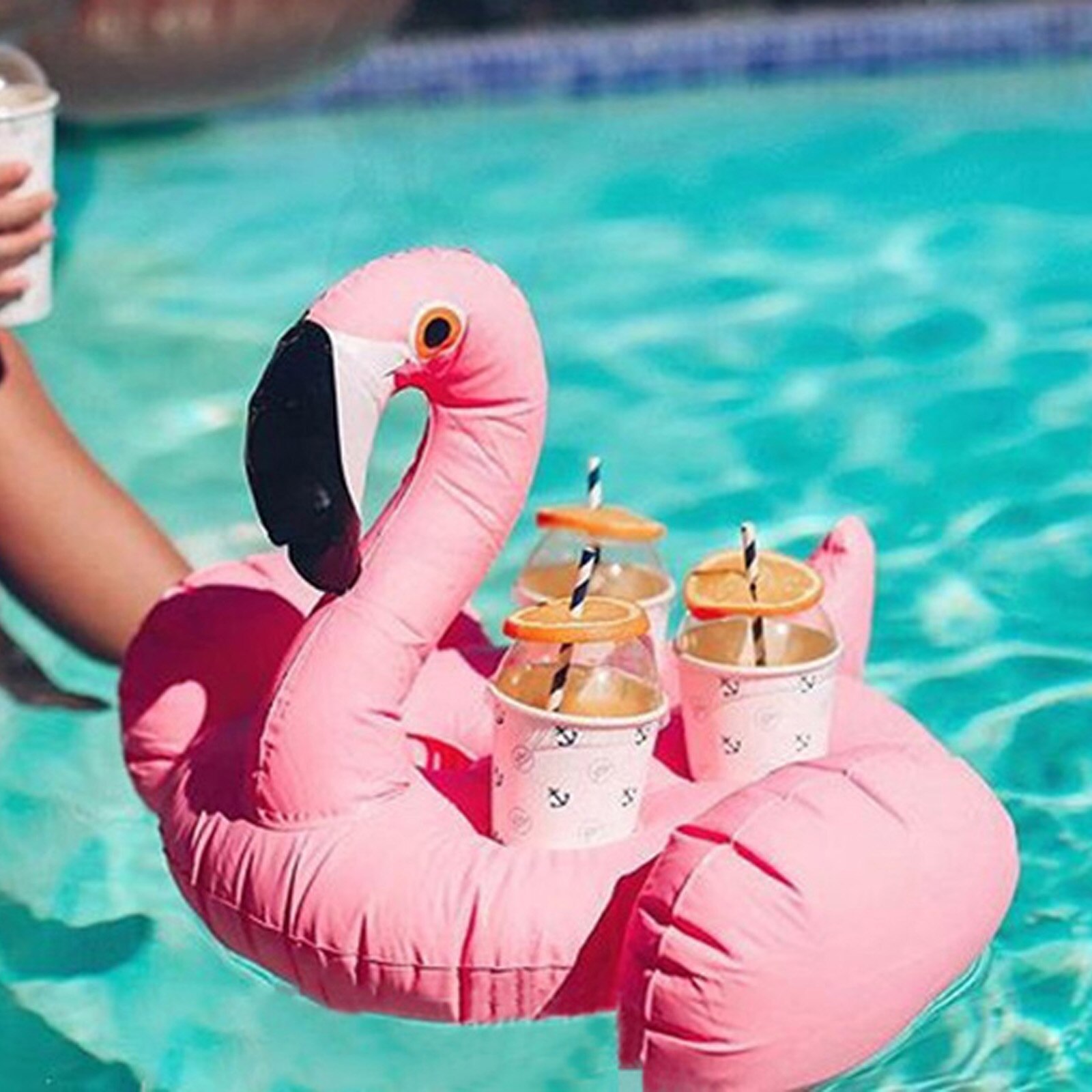 Pink/Rose Gold Inflatable Beverage Holder Flamingo-Shaped Cup Holder with Four Holes Floating Coasters for Swimming Pools