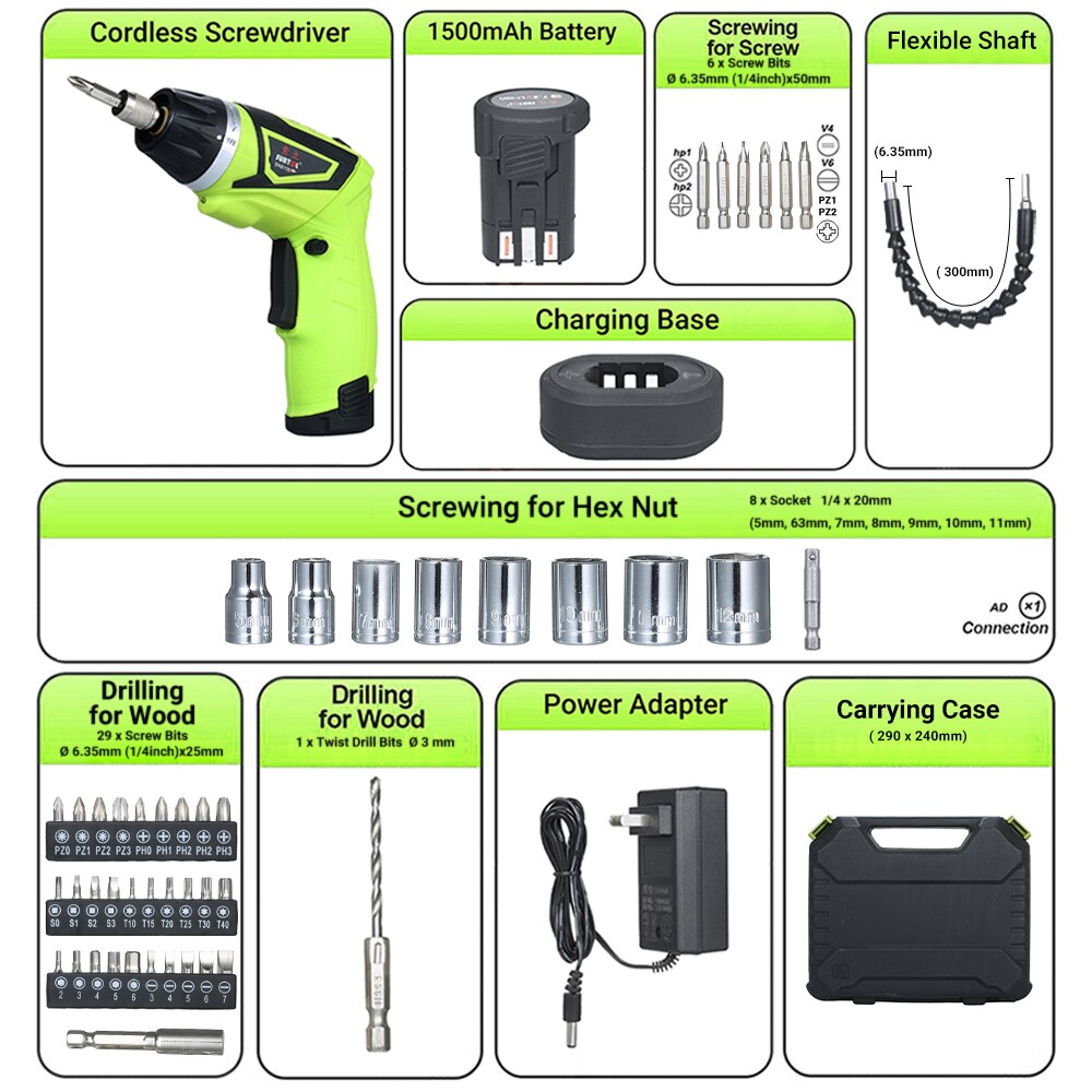 6.0N.m Cordless Electric Screwdriver Rechargeable 1500mAh Li-ion with 41 Accessories 7 Torque Setting 2 Position Handle
