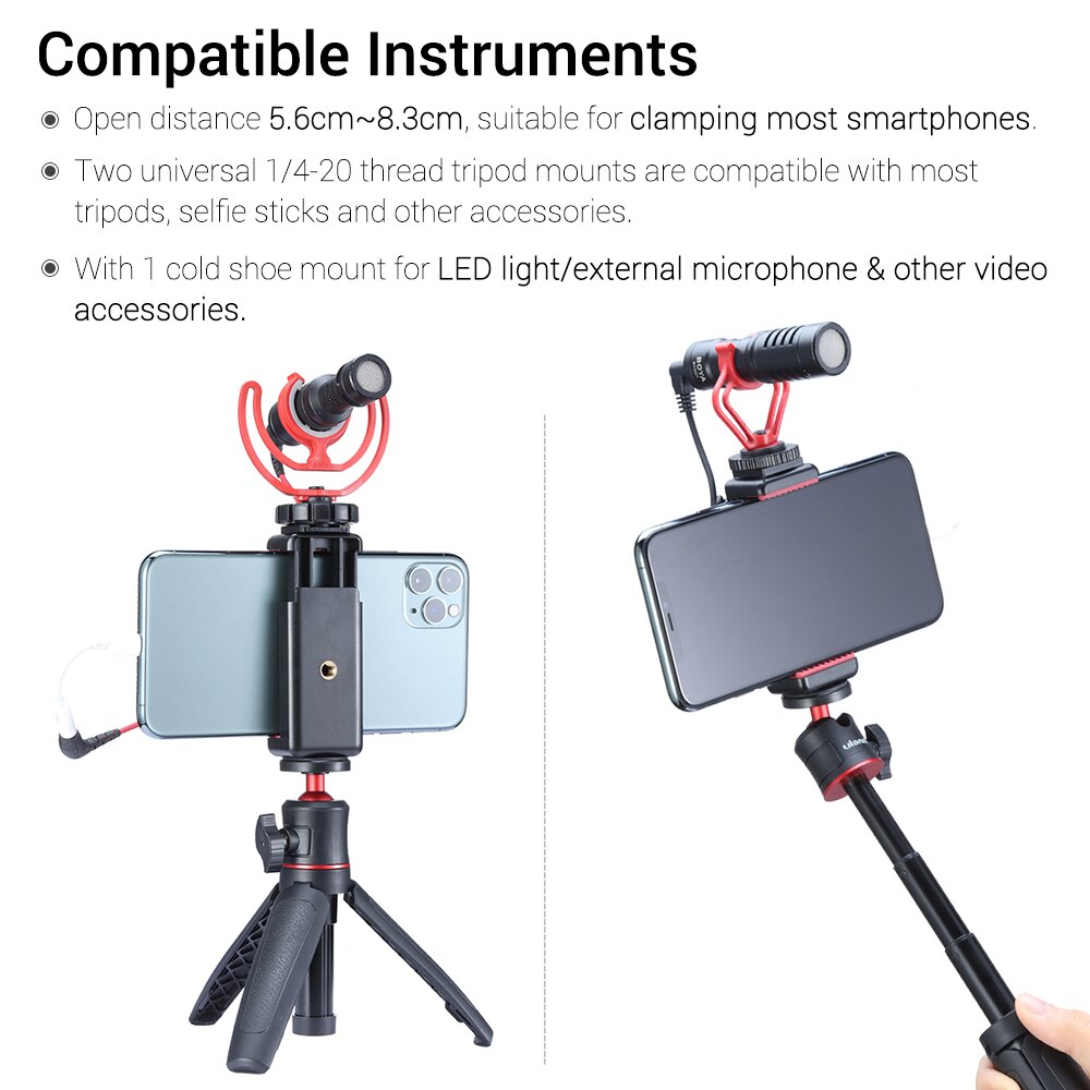 Suporte de telefone ulanzi ST-07 ajustável, para vlogs + 1/4 Polegada parafuso sapato frio para smartphone de 5.6-8.3cm para tripé led luz microfone