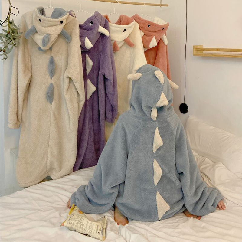 Pijamas con orejas de dibujos animados para mujer, ropa de dormir con capucha de lana de Coral, bonita y cálida para el hogar, Otoño e Invierno
