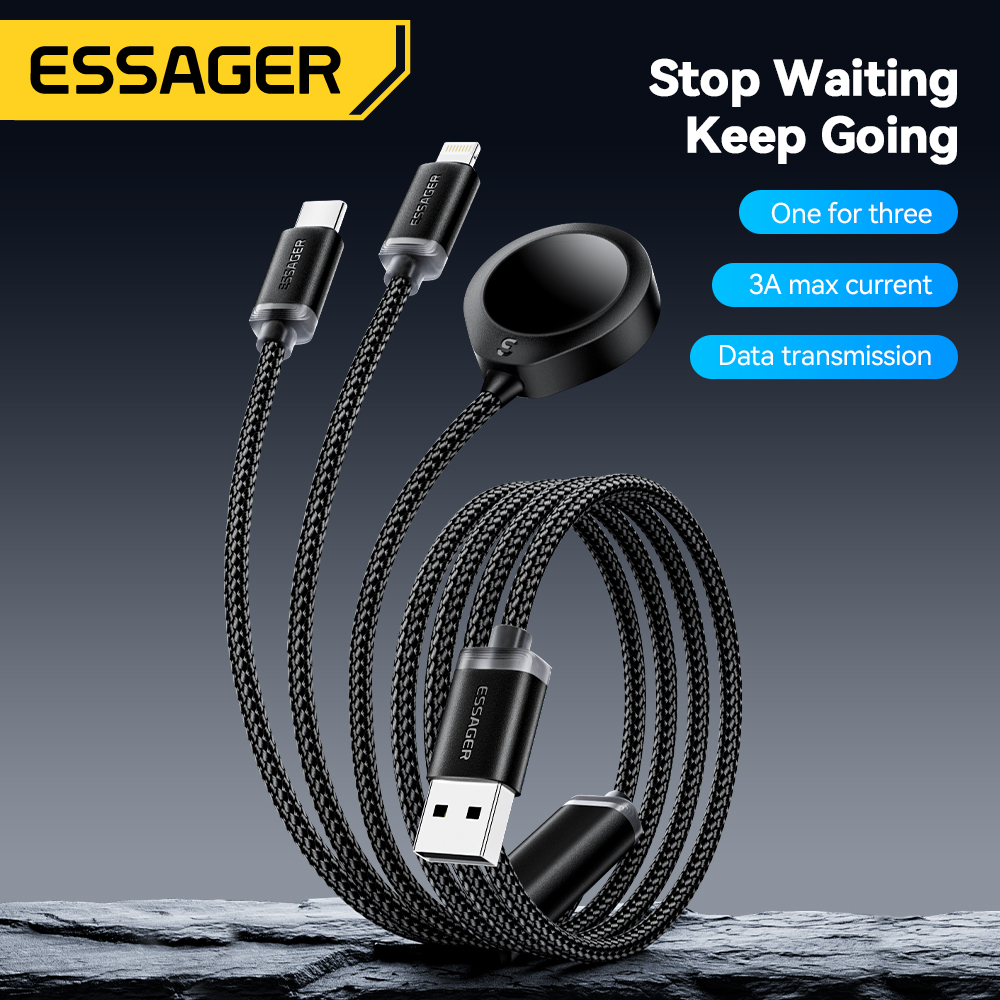 Essager 3-in-1 multi-USB A-oplaadkabel voor Apple iWatch iPhone 16/15/14/13 Pro met USB Type C Lightning snellaadkabel