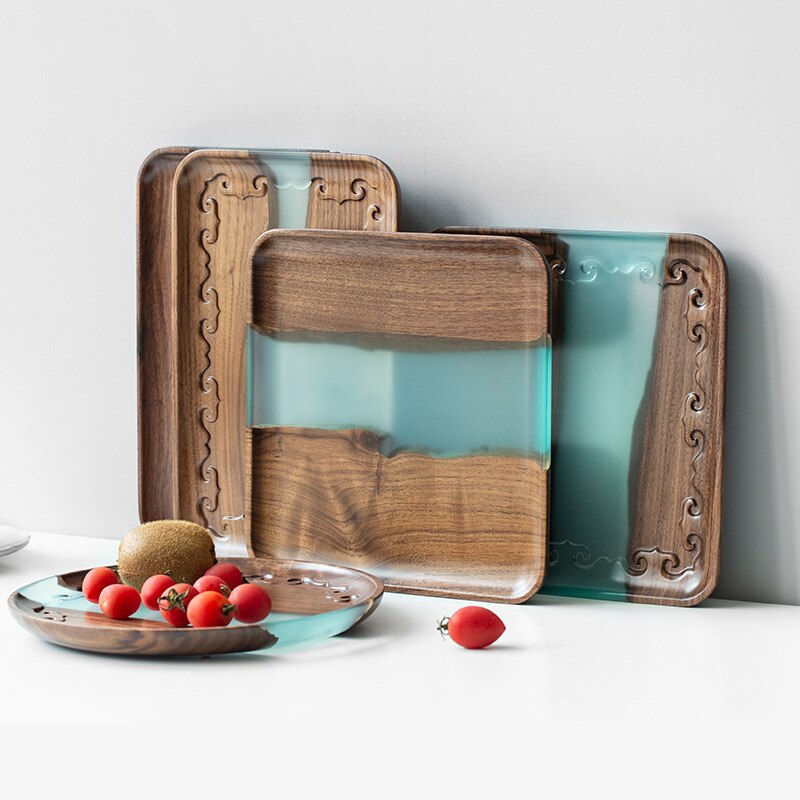 Black Walnut Resin Tea Tray Wooden Rectangular Fruit Tray Solid Wood Small Tea Table Bamboo Tea Tray