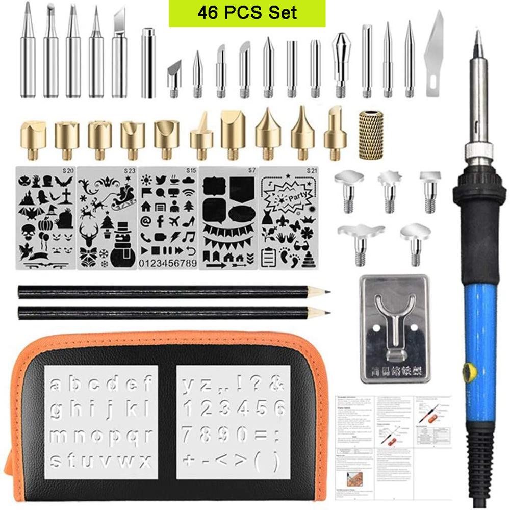 Elektrisk lödkit kit vedeldad penna 46 st 60w tips pyrografi hantverktyg 110v/220v reparation för träbearbetning