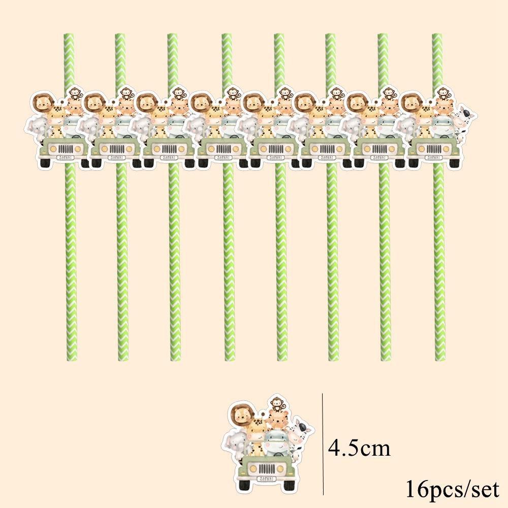 16pcs Carton Animal Straws Eco Striped Drinking Straws for Kids Jungle Safari Wild Animal Happy Birthday Party Decoration Supply: MINT GREEN