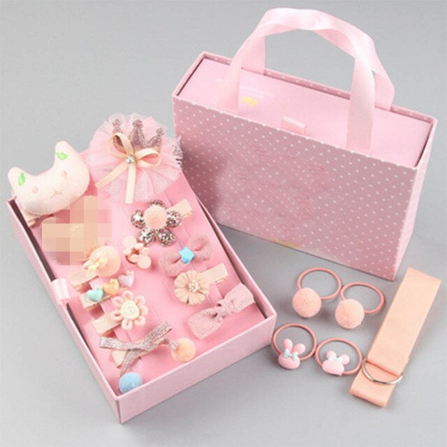 18pcs Children Hair Clip Girl Headwear Boxed Hairpin Hair Rope Accessories Hair Ring Circle Kid Lovely Rubber Band: Blood color