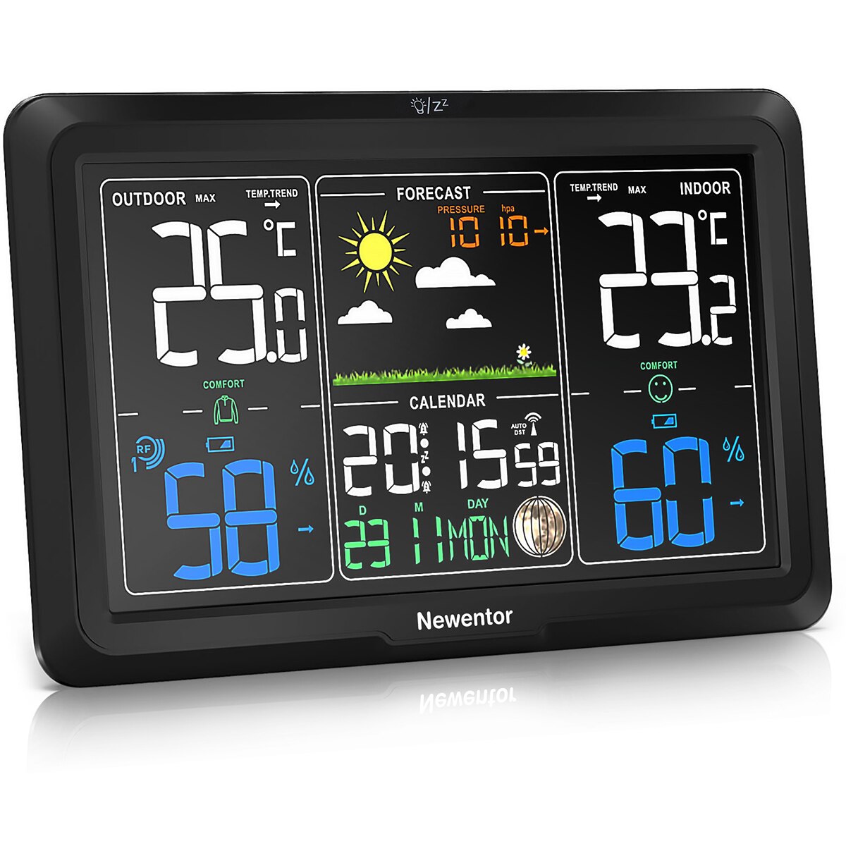 Newentor Weather Station With Sensor Indoor Outdoor Wireless Temperature Humidity Sensor Radio Clock Weather Forecast Calendars