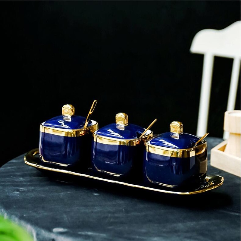 Noord-europese indigo blauwe keramische kruidkruik suikerpot Zout shaker Kruiden bowls Vier stuk bloem thee
