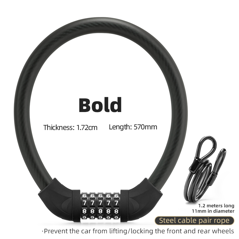 ROCKBROS Bike Lock Steel Five-digit Code Anti-theft 1.72CM Bold Cable Password Lock PVC Wrapped Lock MTB Road Bike Accessories: RKS570-BK-1
