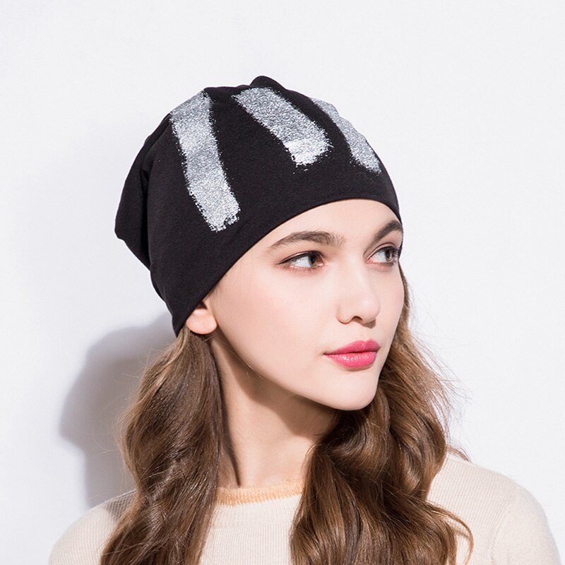 GZHILOVINGL-gorro fino de algodón para mujer, gorro con pintura plateada, Hip Hop, metálico, para otoño e invierno,
