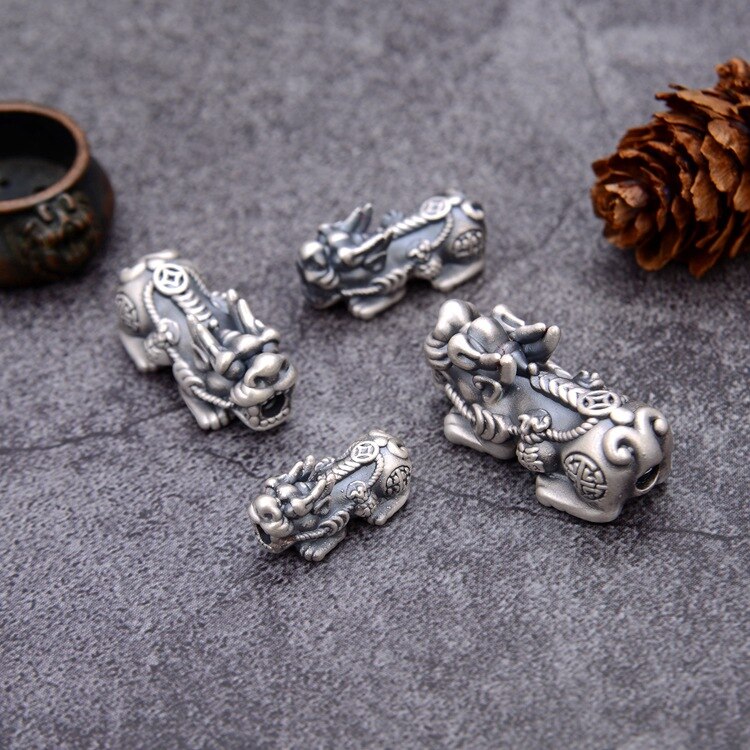 100% 3D 999 Silver Pixiu Beads Vintage Pure Silver Good Luck Fengshui Piyao Jewelry Beads Wealth Pixiu Beads DIY Bracelet