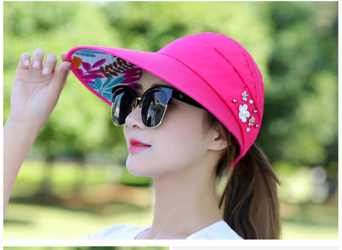 simple women summer beach Sun Hats pearl packable sun visor hat with big heads wide brim UV protection female cap