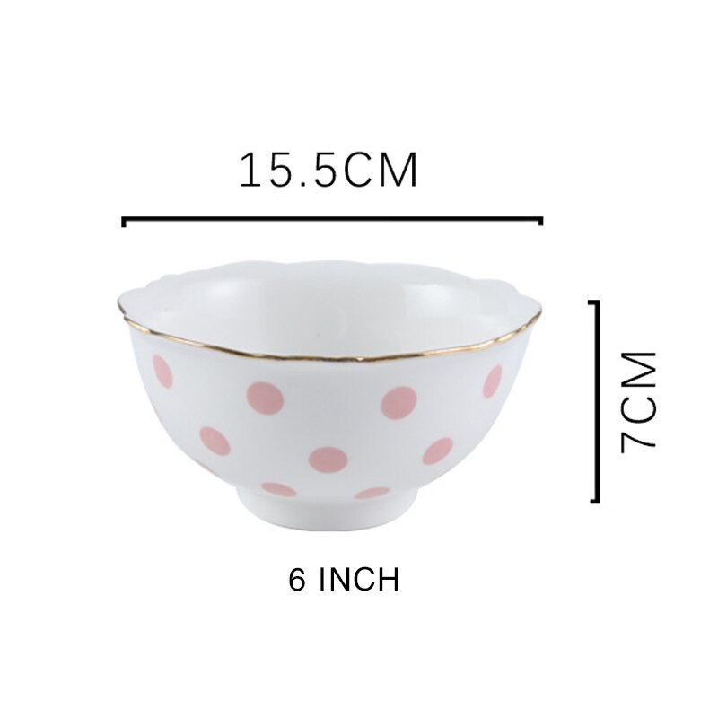 10inch Food Tray Gold Edge Dinnerware Set Polka Dot Dinner Plate Set Soup Dish Steak Flat Plate Flower Shape Breakfast Tableware: Pink 6inch bowl