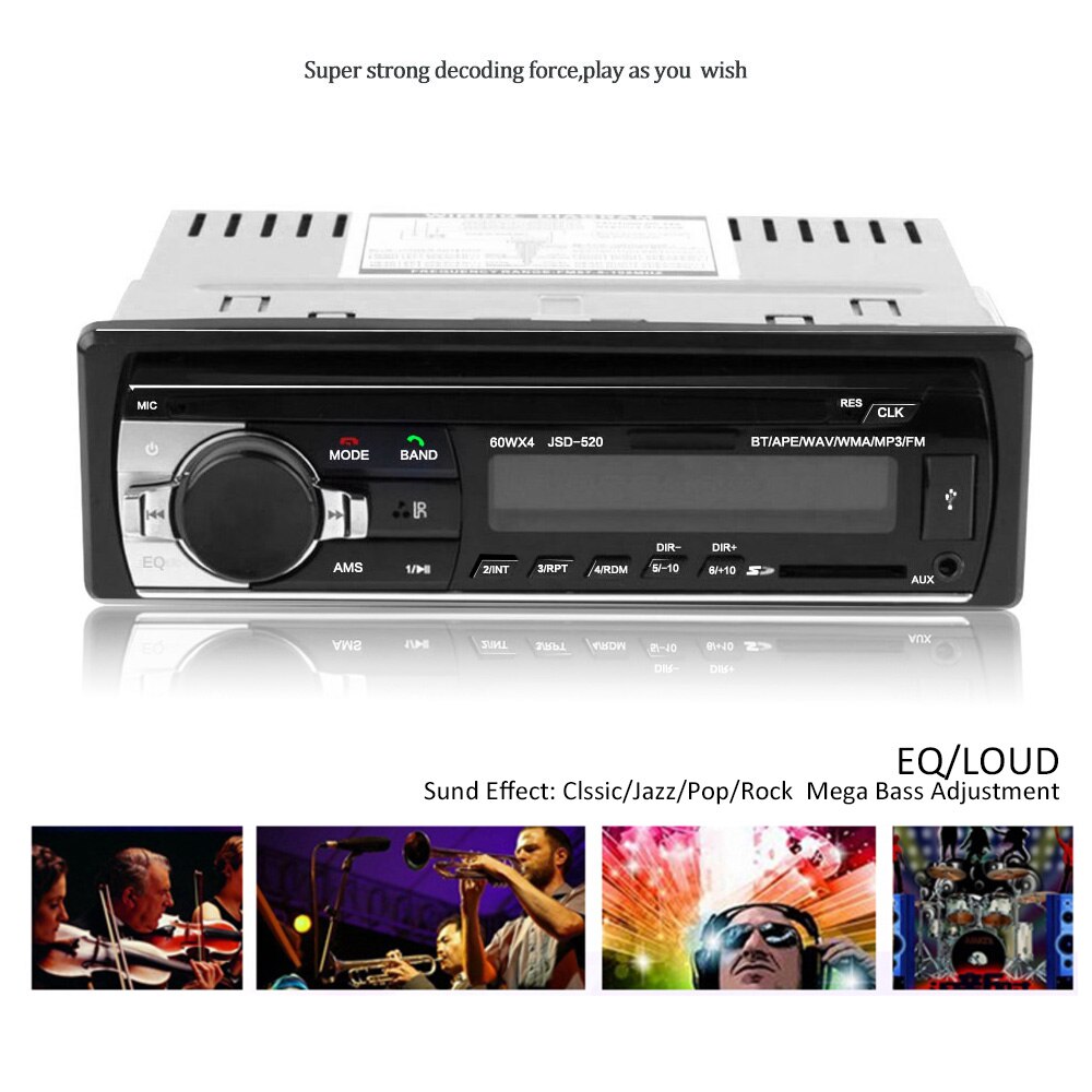Car FM and MP3 MP4 Bluetooth Stereo Radio Receiver Aux with USB Port and SD Card music Universal player JSD520