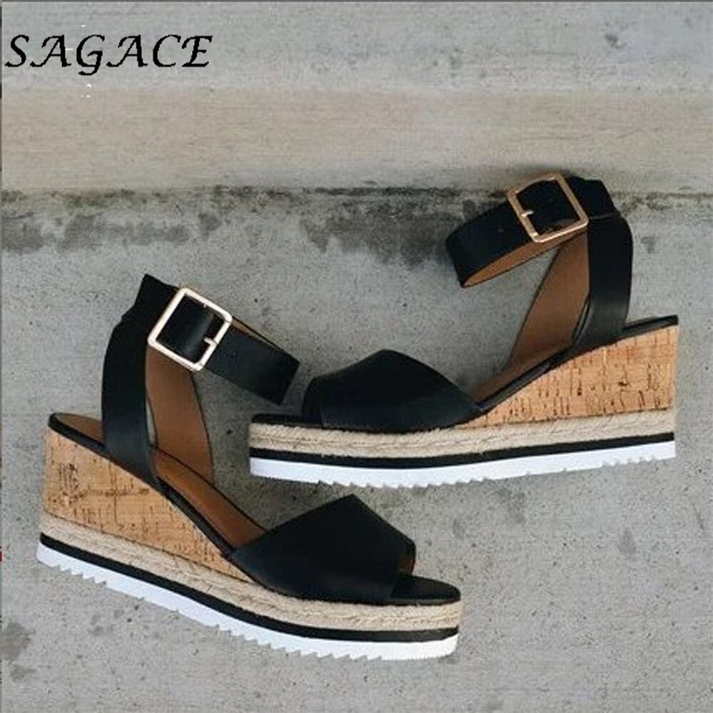 Buty SAGACE damskie klamry sandały klinowe gumowe plażbyć winnym sandały 2019 letnie damskie skórzane sandały na obcasie 5cm obuwie