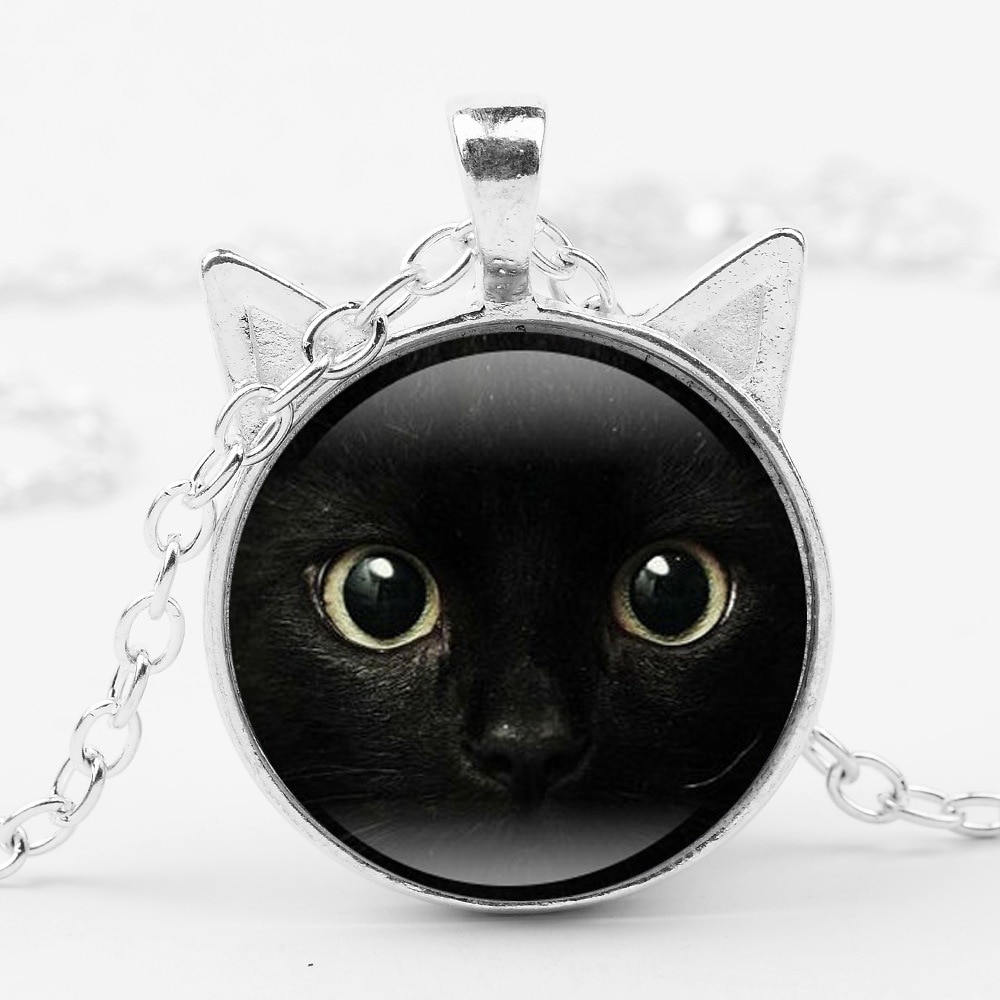 painting black cat Necklace for pet lovers Cat Pendant with two ears Jewelry Glass Cabochon girl's for her