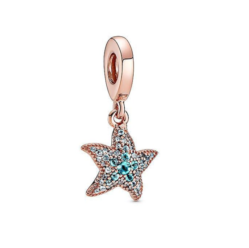 925 Sterling Silver Beads Charms Blue Crystal Starfish Star Dangle Charm Fit Original Pan Bracelet For Women DIY Jewelry: 6