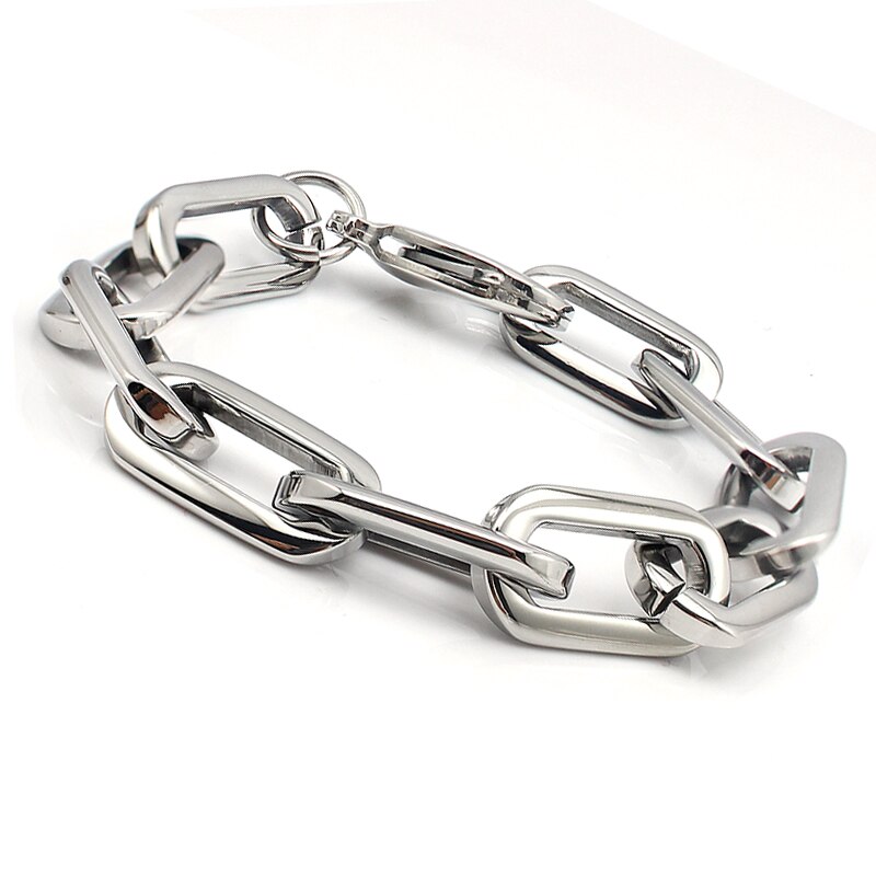 Pulsera de cadena de eslabones unisex, brazalete grueso de acero inoxidable redondeado, rectangular, color plateado, joyería de , cierre de langosta