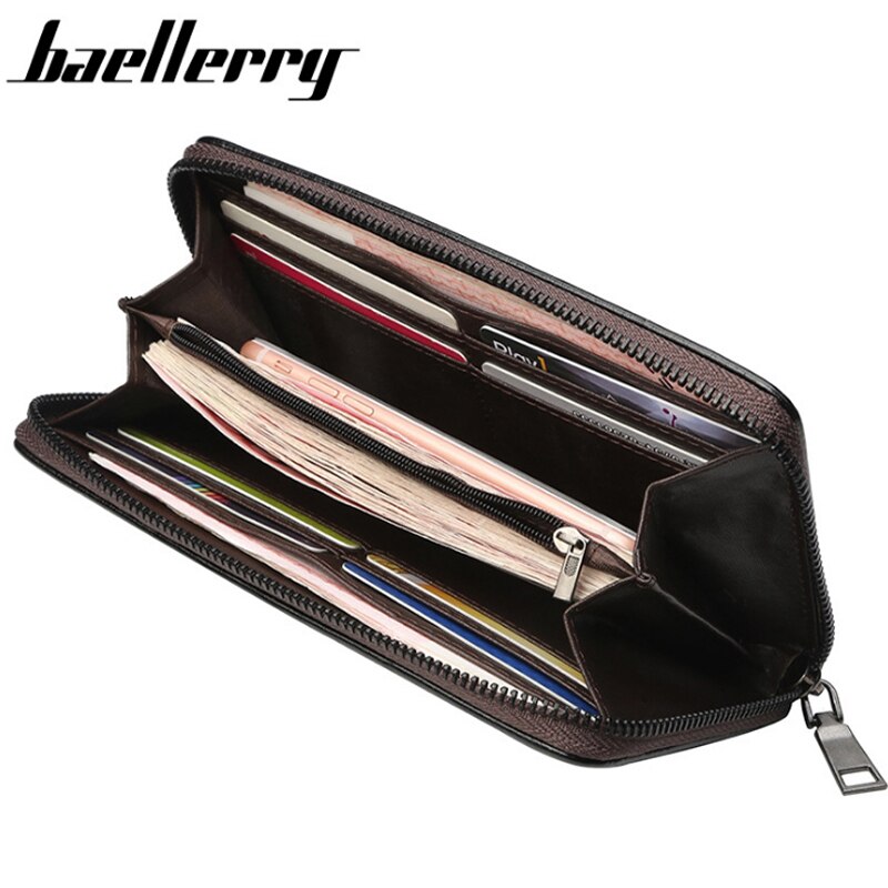 Portefeuille baellerry en cuir synthétique pour homme, grande capacité, avec fermeture éclair et bandoulière