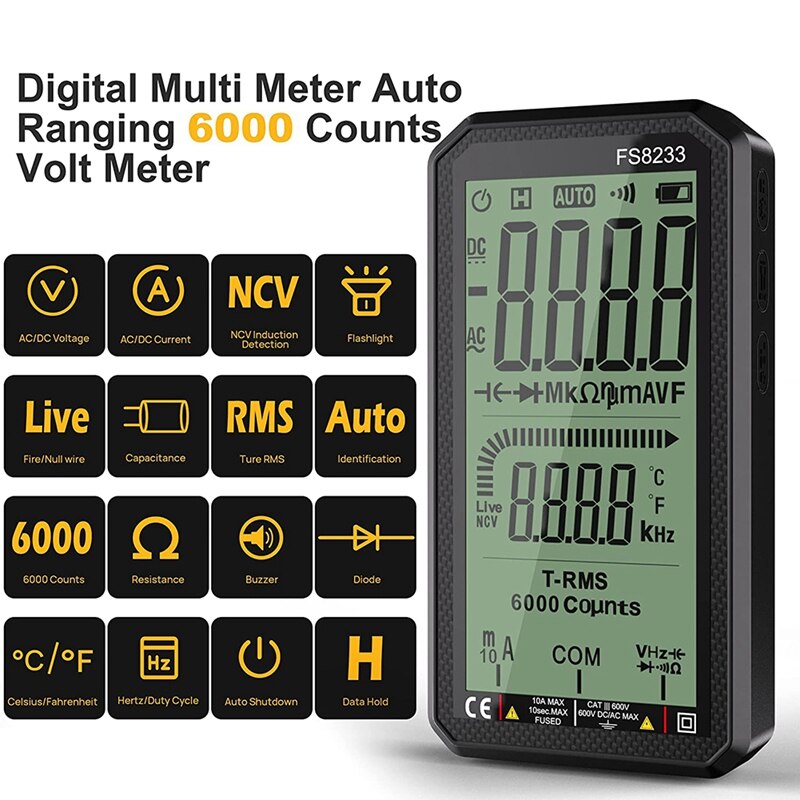 Digital Multimeter Automatic Ranging Voltmeter Full Screen 4.7 Inches TRMS 6000 Counting Multimeter Tester, Capacitance