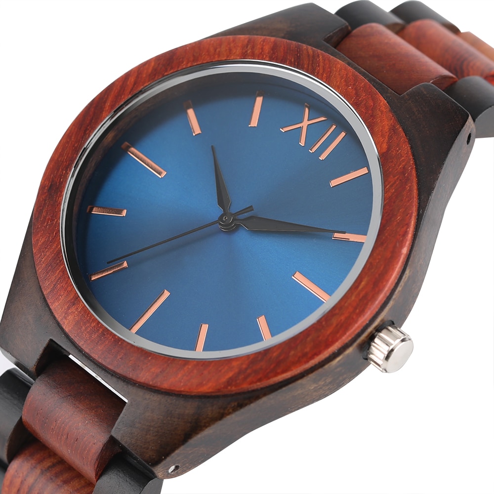Houten horloges volledig houten band saffierblauw/donkerbruine wijzerplaat quartz horloge handgemaakte polshorloges heren dames