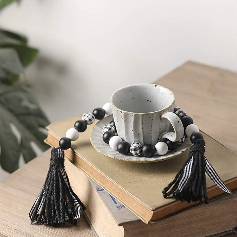 Guirlande de perles en bois avec glands, décorations de noël à plusieurs niveaux, plateau rustique, noire, perle en bois blanche avec gland à carreaux