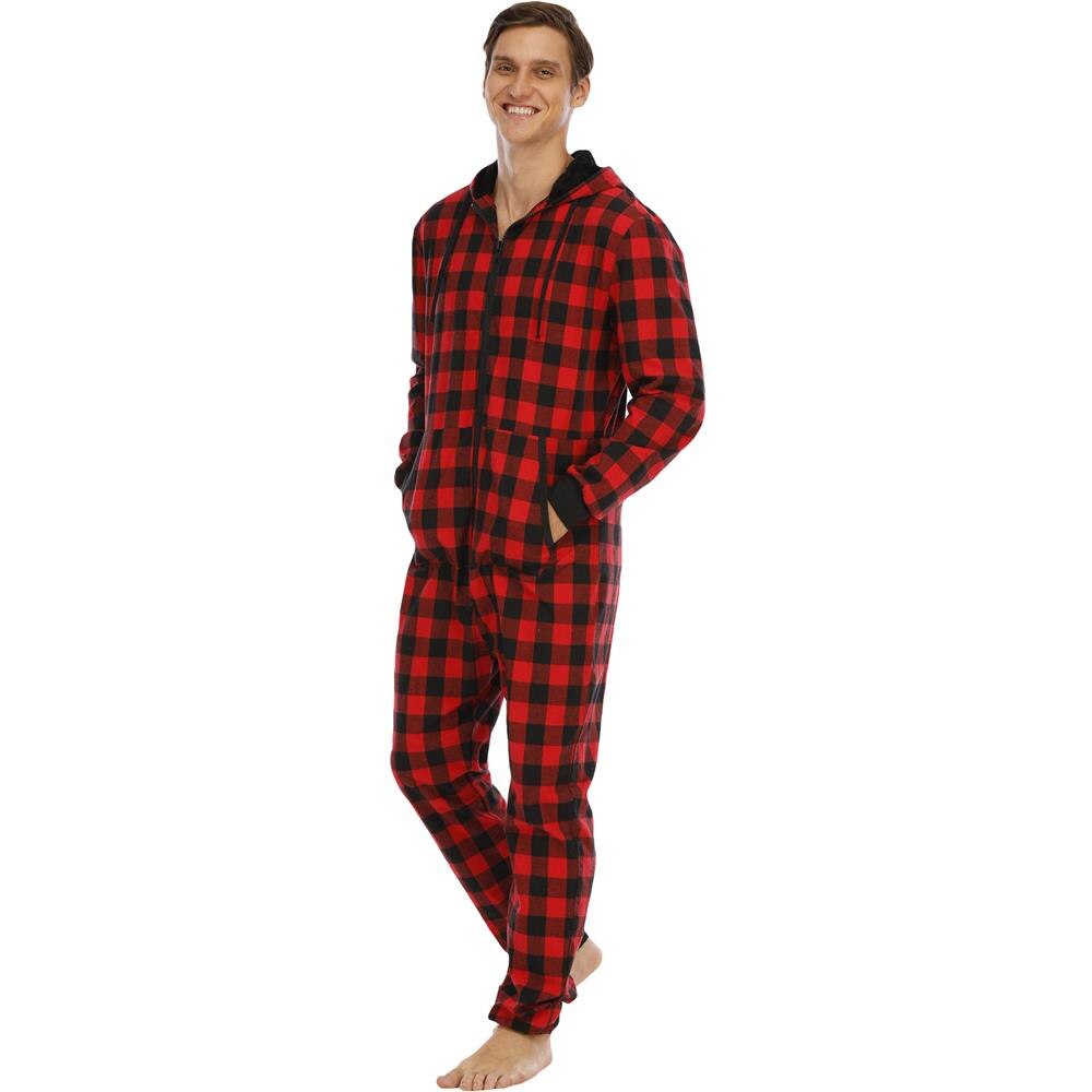 Plaid Printing Onesies Men Hoodies Jumpsuit Casual Long Sleeve Pajamas Zipper Splicing Overalls Autumn Winter Male Streetwear: Red Black Lattice / S