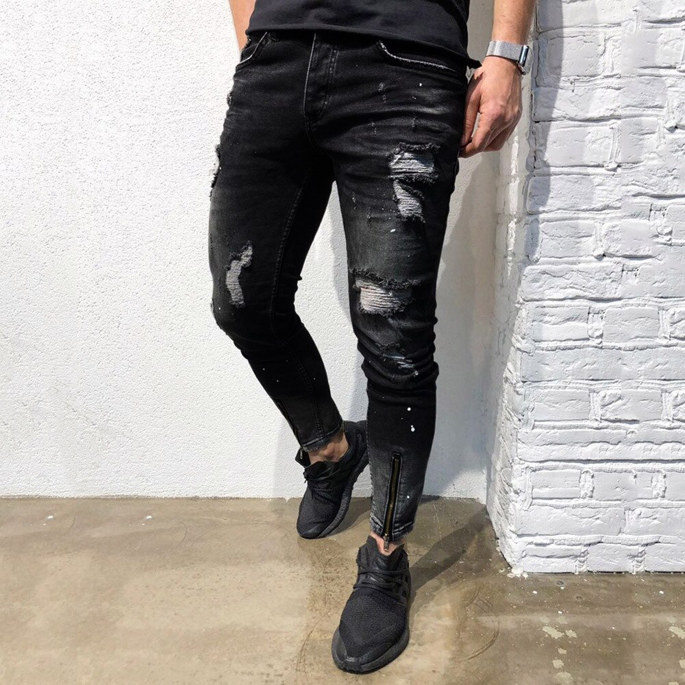 Sagace Slanke Heren Ripped Gat Stretch Denim Broek Skinny Stretch Denim Broek Verontruste Ripped Freyed Slim Fit Jeans Broek