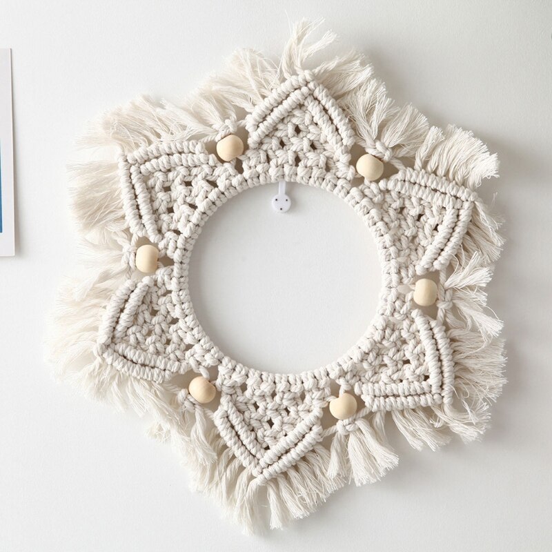 Marco de espejo de pared con borlas tejido a mano, tapiz de macramé bohemio, decoración colgante de pared redonda hueca para el hogar, decoración de habitación de niños