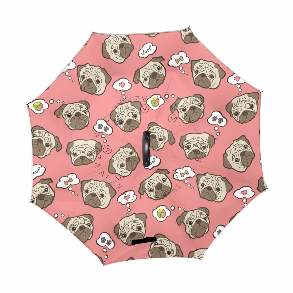Pug Dog Windproof Reverse Folding Double Layer Inverted Umbrellas Self Stand Rain Sun Protection C-Hook For Car