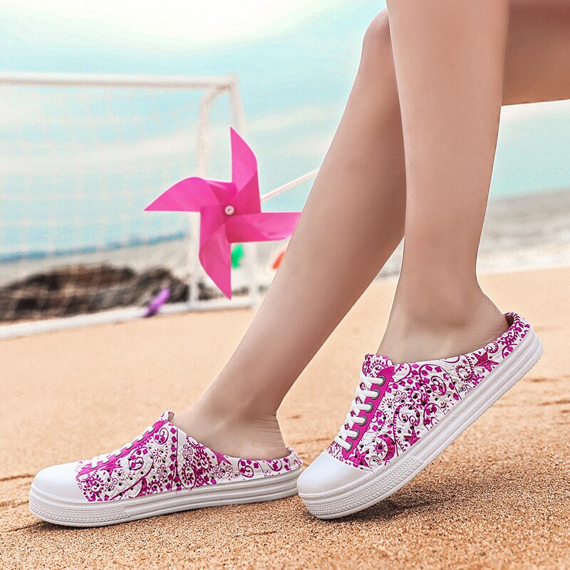 Women's Mules Flats Shoes Big Size 36-41 Summer Style Women Pink Shoes Casual Breathable Wedge Pattern Outdoor Slides Shoes