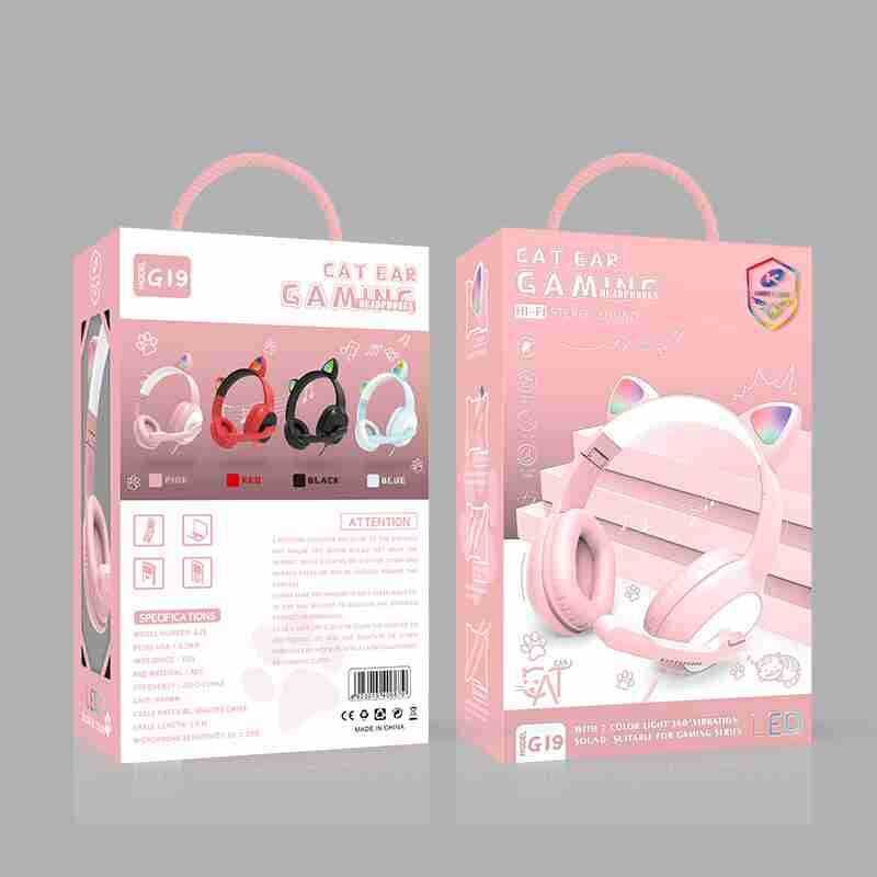 Product G19 Pink Cat Ear Cute Girl Gaming Headset With Mic Noise Reduction Stereo Music RGB Flash Light Wired headphone