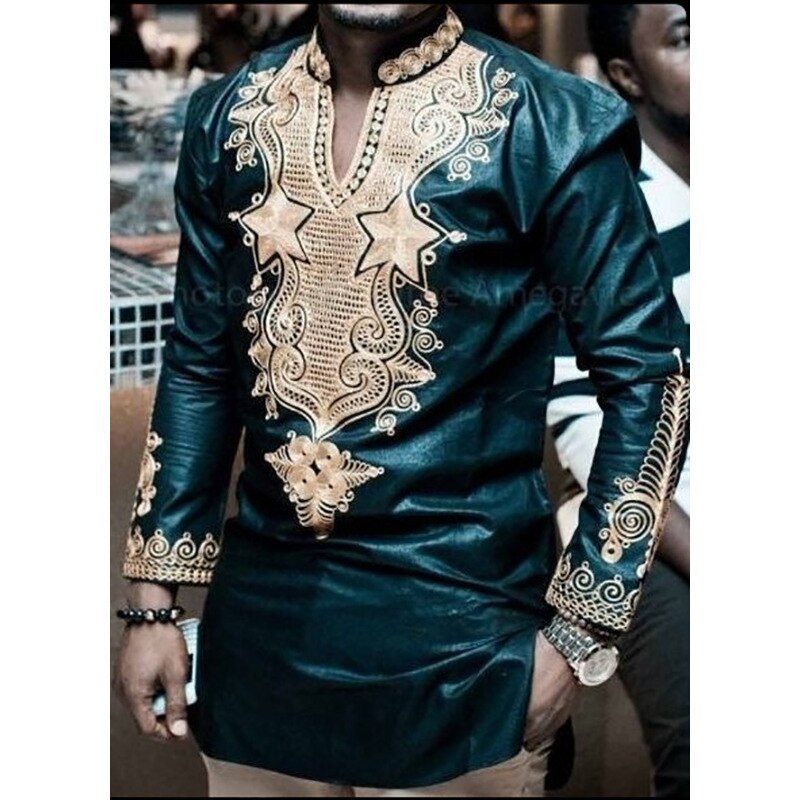 Afrikaanse Kleding Lange Sleeeve V-hals T-shirt Mannen 2022 Afrikaanse Dashiki Traditionele Dashiki Maxi Man Shirt Mannen tops Tees: S
