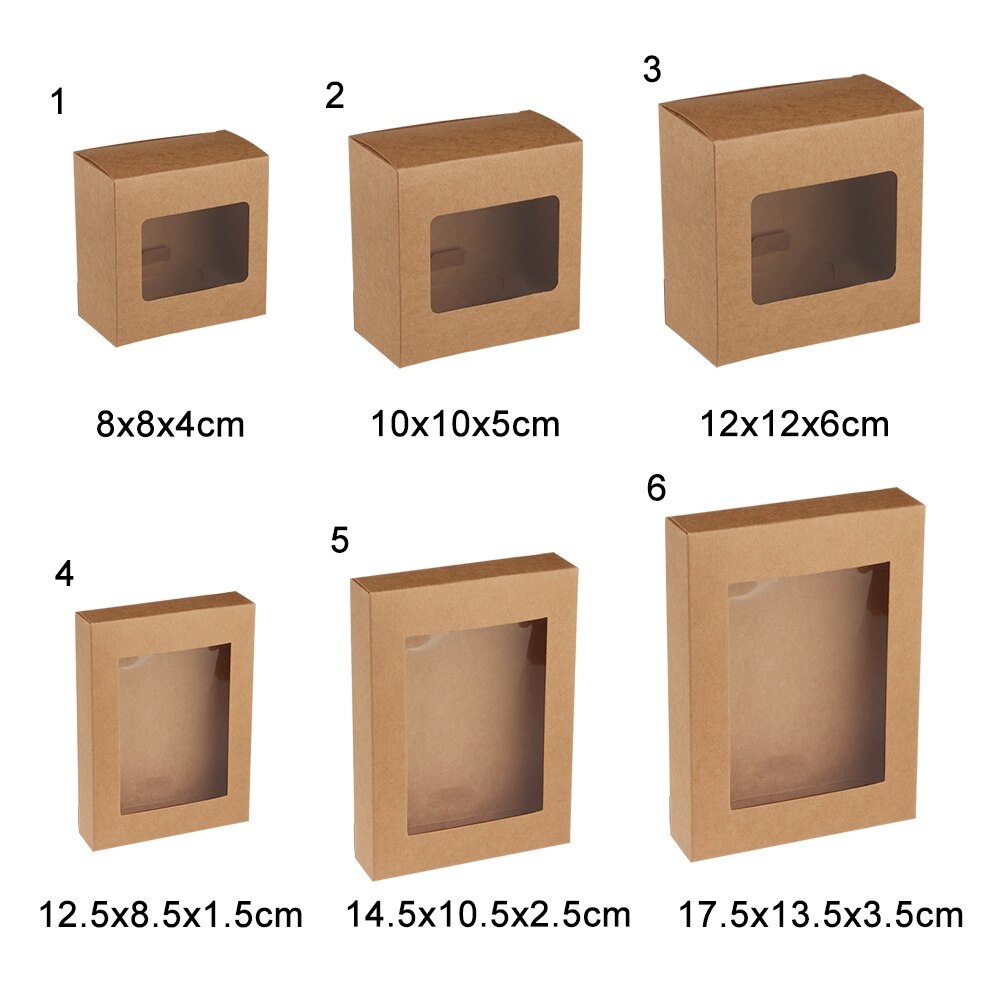 10Pcs Vintage Kraft Papier Box Kuchen Paket Klar PVC Fenster Süßigkeiten Verpackung Tasche Hochzeit Geburtstag DIY Party gefälligkeiten