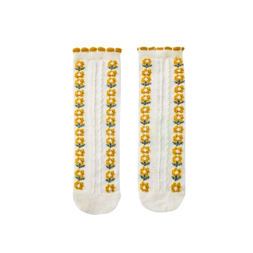Girls' Pastoral Style Socks 2022 Spring Wavy Edge Three-Dimensional Flower Medium Tube Socks: yellow flower