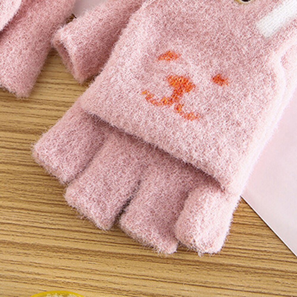 1 par conejo oreja Flip-top guantes de niño chico esponjoso de manopla de mitad de dedo de dibujos animados de invierno guantes
