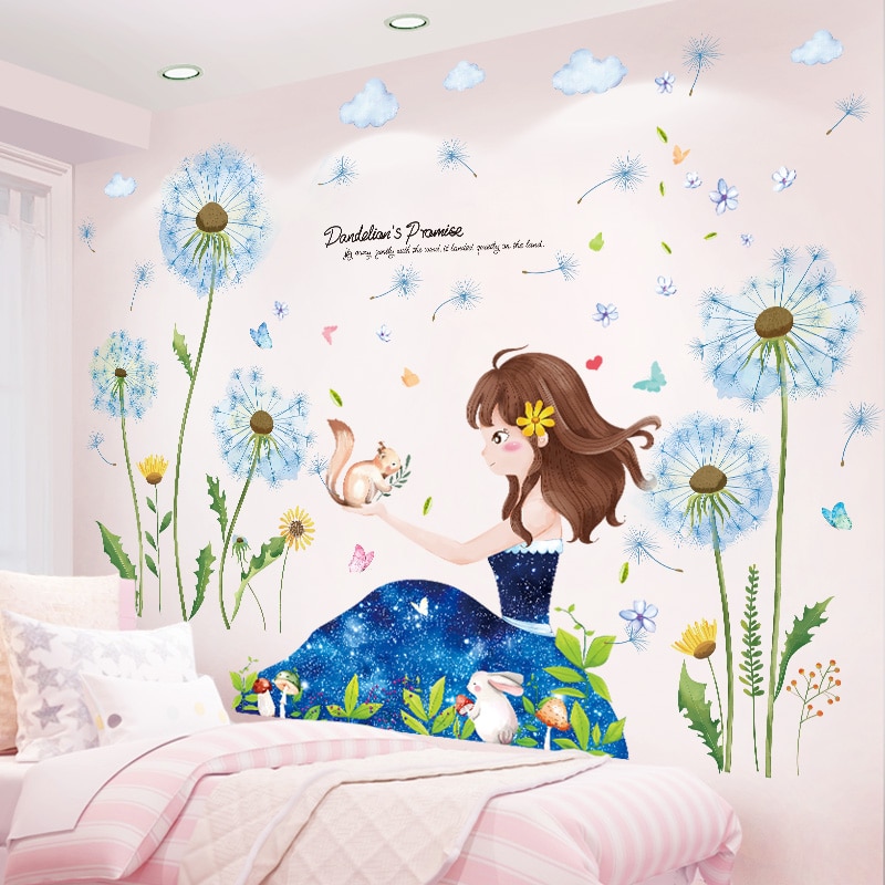 [Shijuehezi] Paardenbloemen Bloemen Muurstickers Vinyl Diy Cartoon Meisje Piano Muurstickers Voor Kinderen Slaapkamer Nursery Huis Decoratie