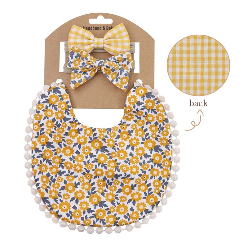 Babadores de algodão para bebês com estampa de flores, 3 peças, conjunto de avental para crianças e meninas, panos para arrotar, turbante, material de alimentação: style7